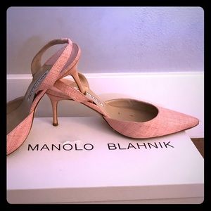 Manolo Blahnik pink linen sling back pump.